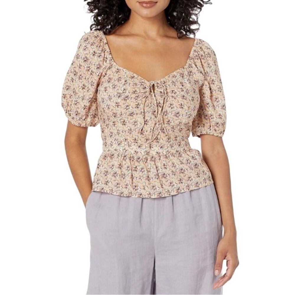 PAIGE Floral Puff-Sleeve Peplum Top in Blush Cream
